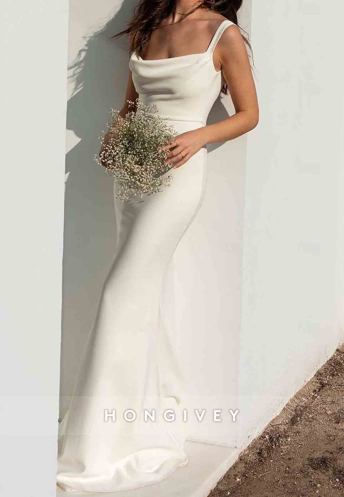 Cowl Neck Chapel Train Satin Regular Straps Low Back Mermaid Wedding Dresses