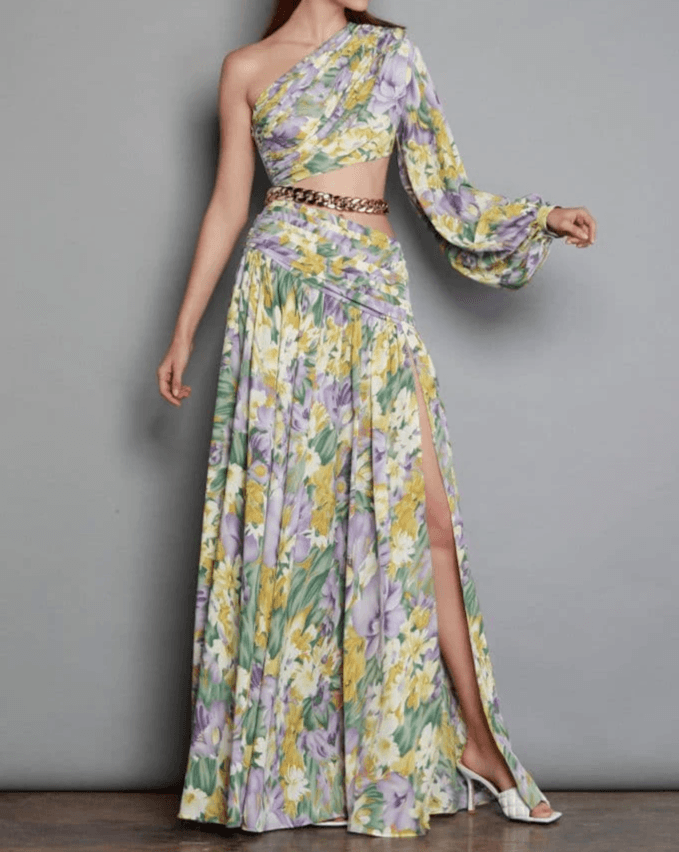 Floral Print One Shoulder Cutout High Slit Gown
