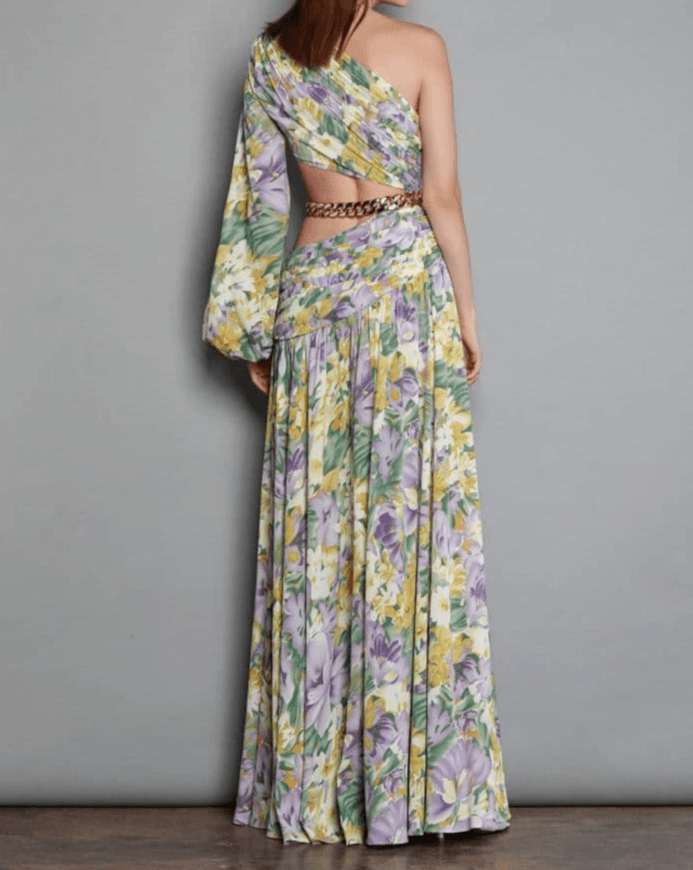 Floral Print One Shoulder Cutout High Slit Gown