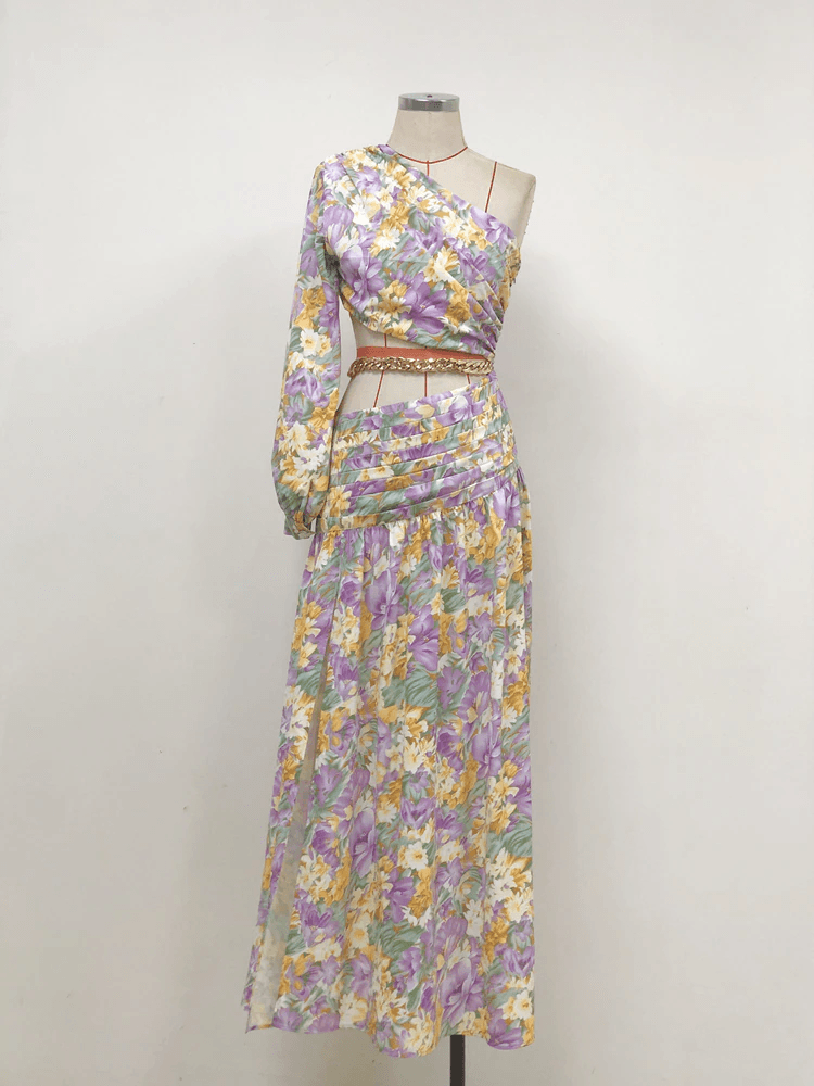 Floral Print One Shoulder Cutout High Slit Gown