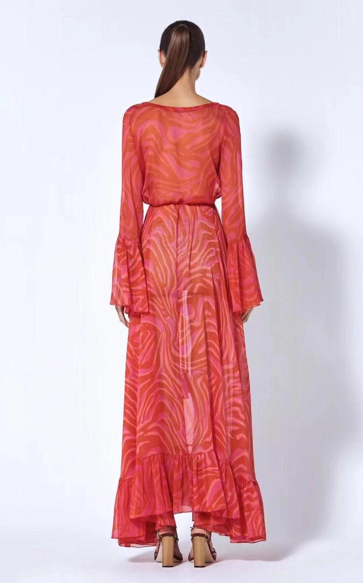Swirl Print Chiffon V-Neck Long Sleeve Tie Waist Maxi Dress