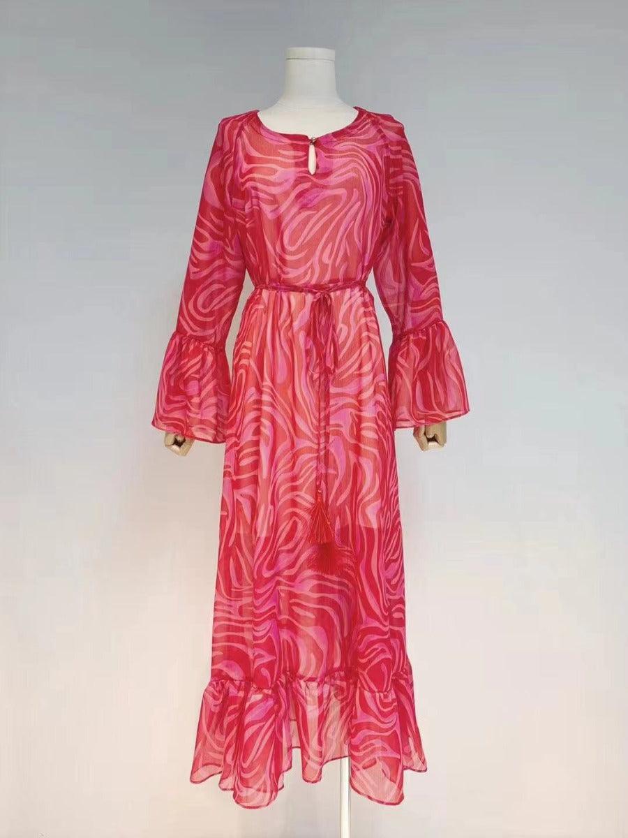 Swirl Print Chiffon V-Neck Long Sleeve Tie Waist Maxi Dress