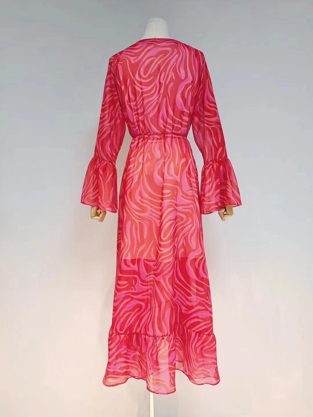 Swirl Print Chiffon V-Neck Long Sleeve Tie Waist Maxi Dress