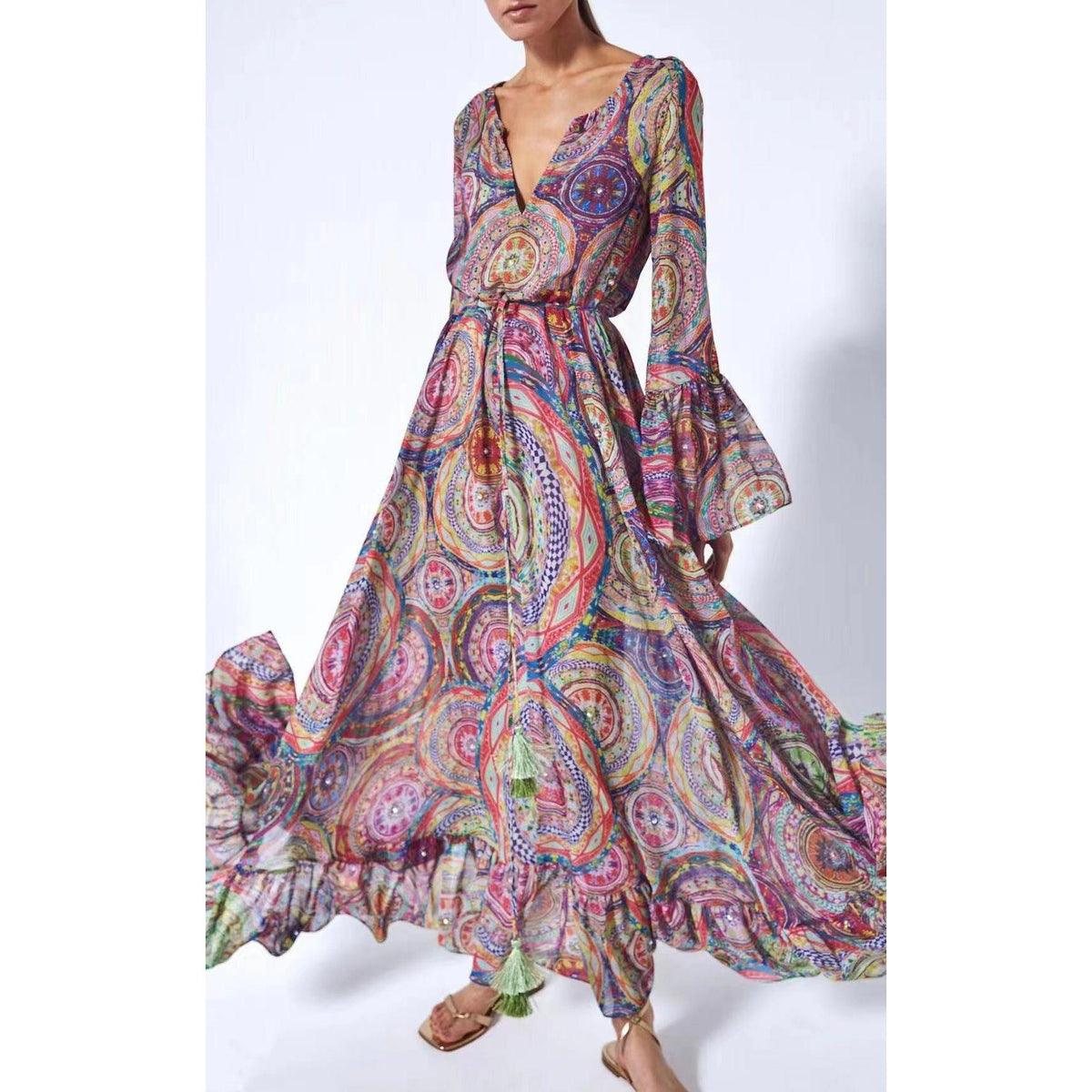 Swirl Print Chiffon V-Neck Long Sleeve Tie Waist Maxi Dress