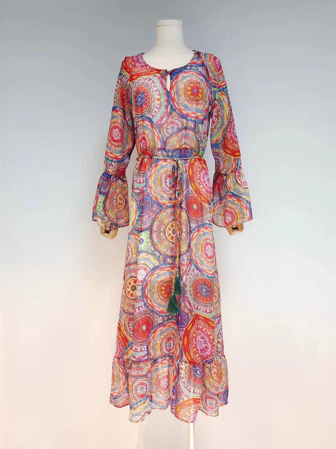 Swirl Print Chiffon V-Neck Long Sleeve Tie Waist Maxi Dress