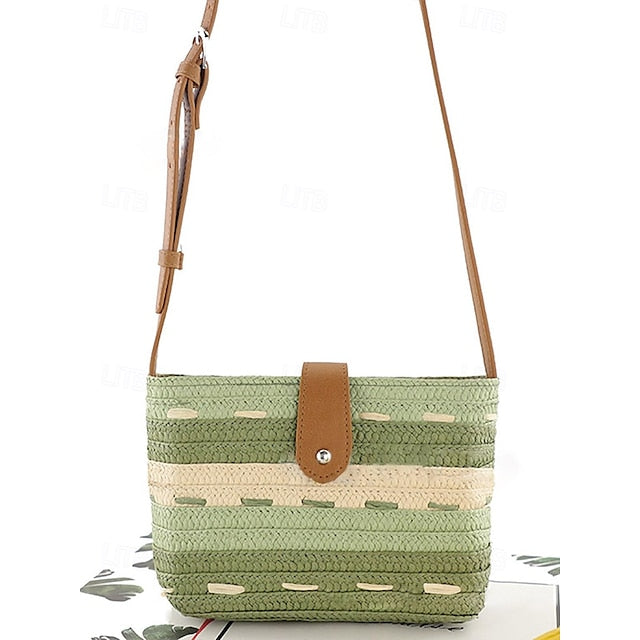 Woven with Colorblock Straw Striped Brown Tote Bag