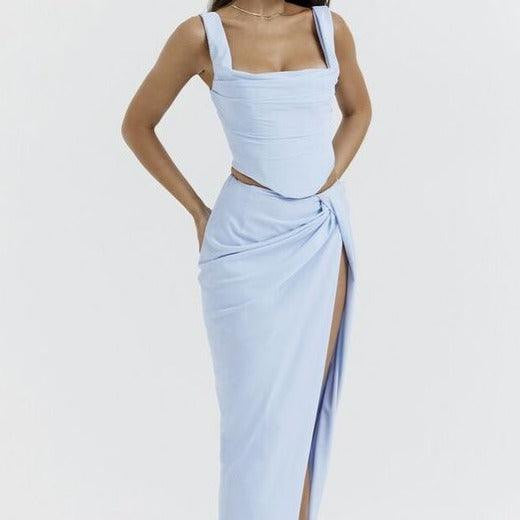 Kylee Square Neck Corset And High Slit Skirt - Fashionpara
