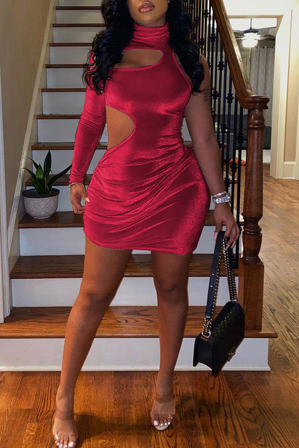 Sexy High Neck Slim One Sleeve Hollow Mini Dress  Fashionpara