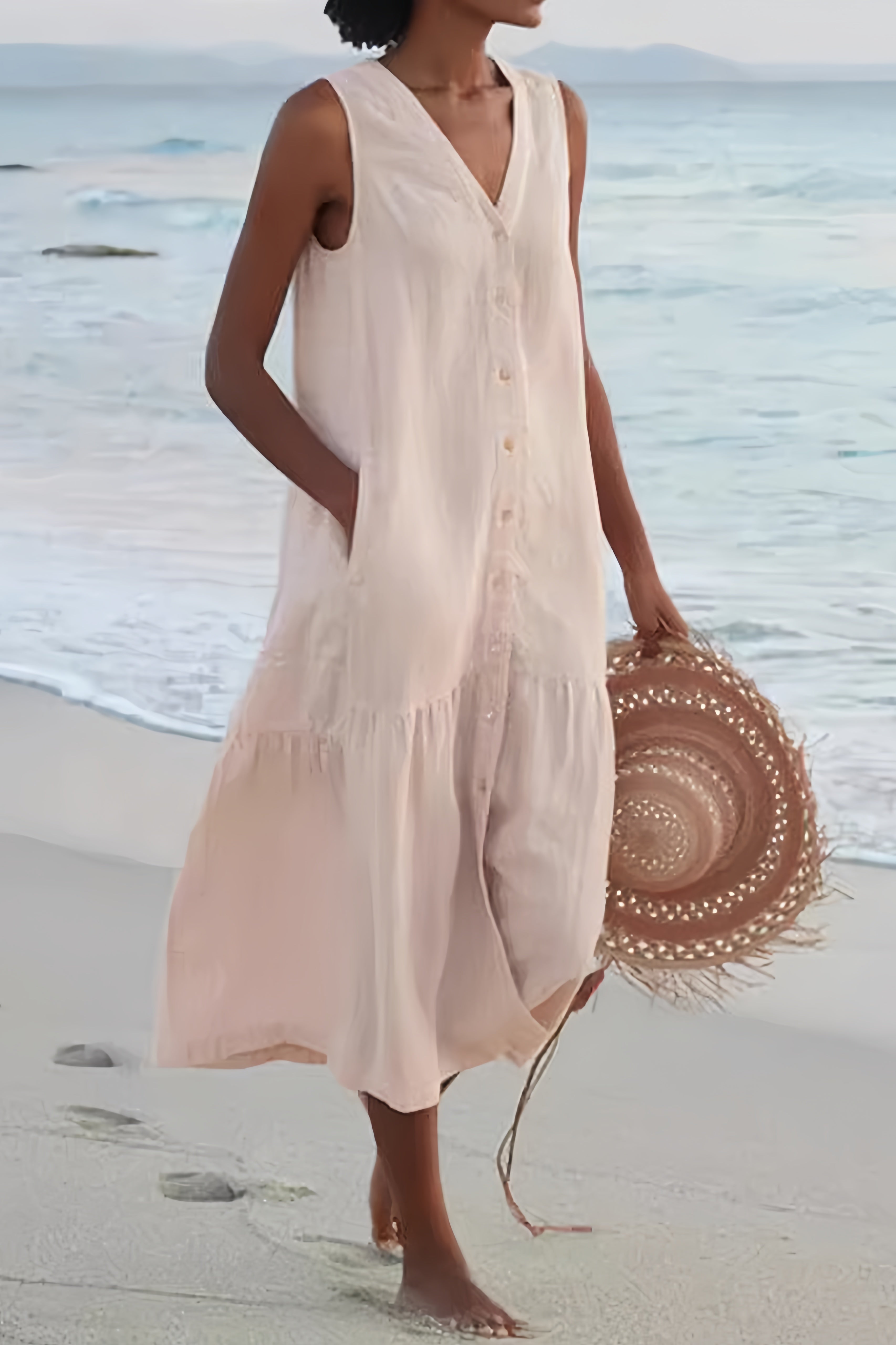 Single-breasted Sleeveless Pocketed Cotton Dress - Fashionpara