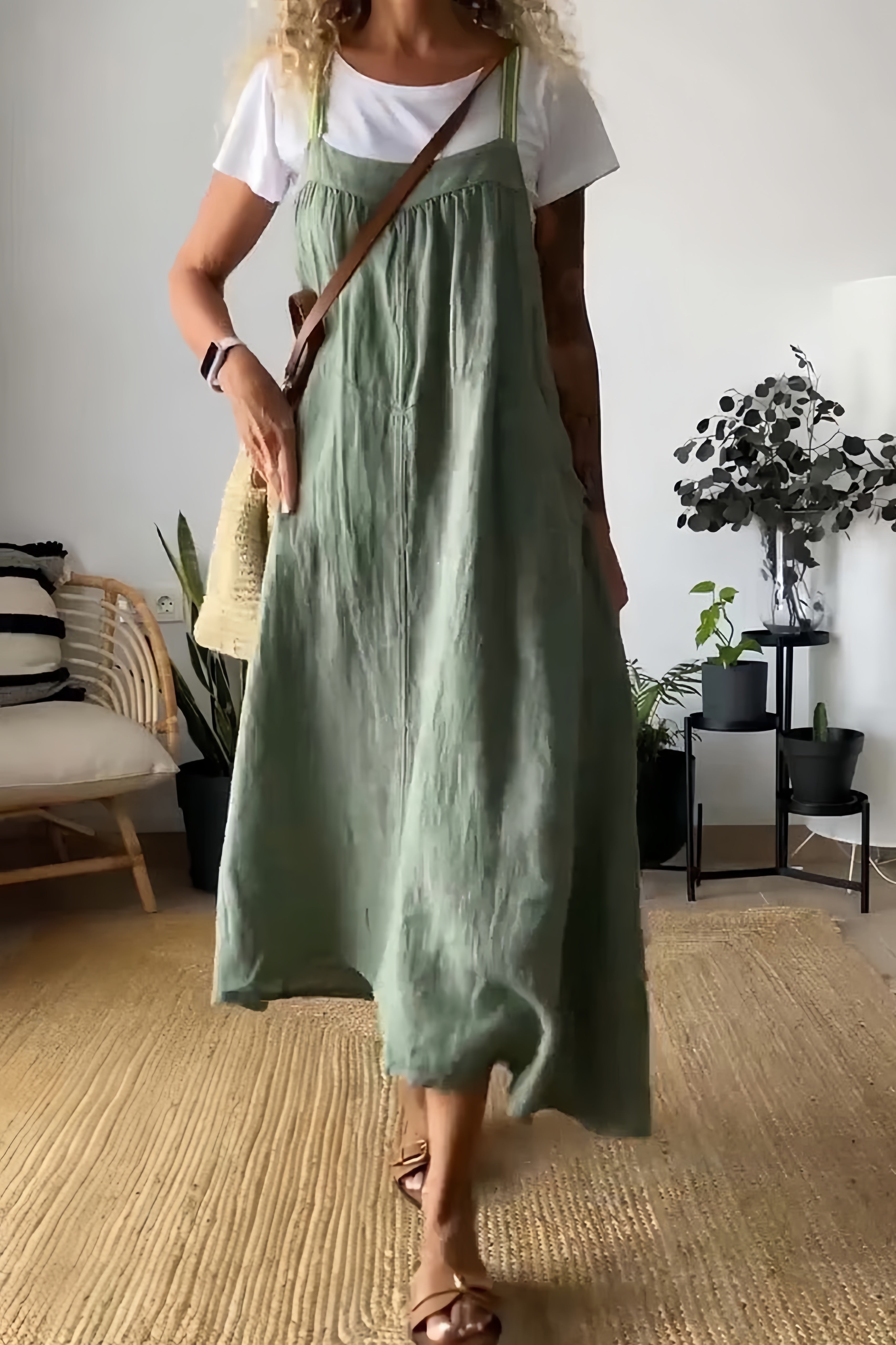 Cotton Linen Solid Pocketed Overall Dress - Fashionpara