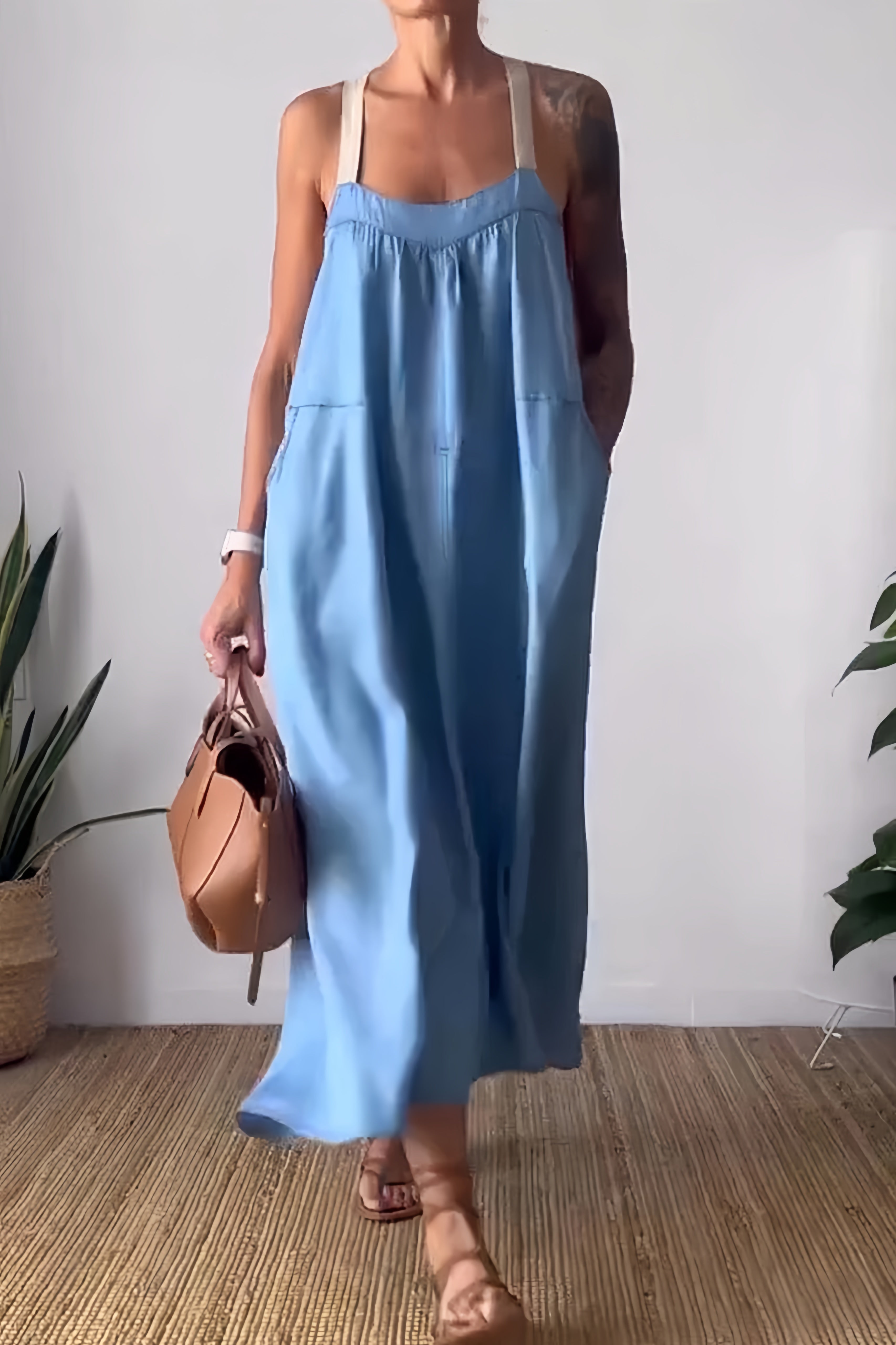 Cotton Linen Solid Pocketed Overall Dress - Fashionpara