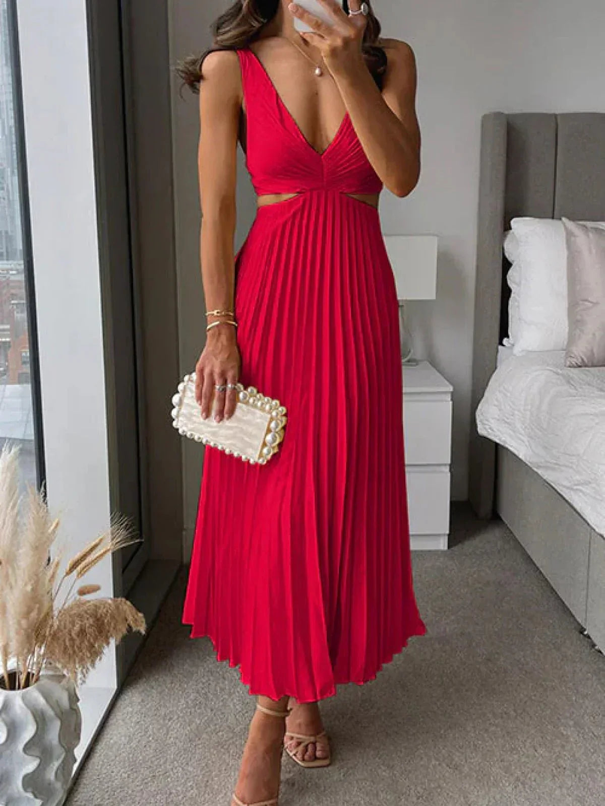 Satin Deep V-Neck Cut Out Ruched Pleated Midi Dress - View 3