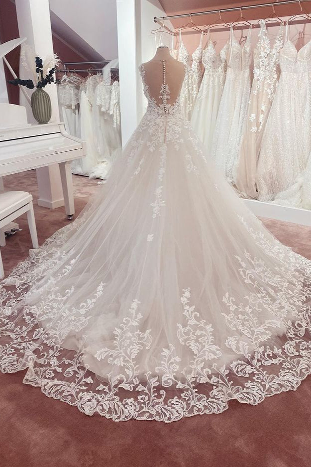 Lace Cap Sleeve Wedding Dress Princess Bridal Gown - Fashionpara