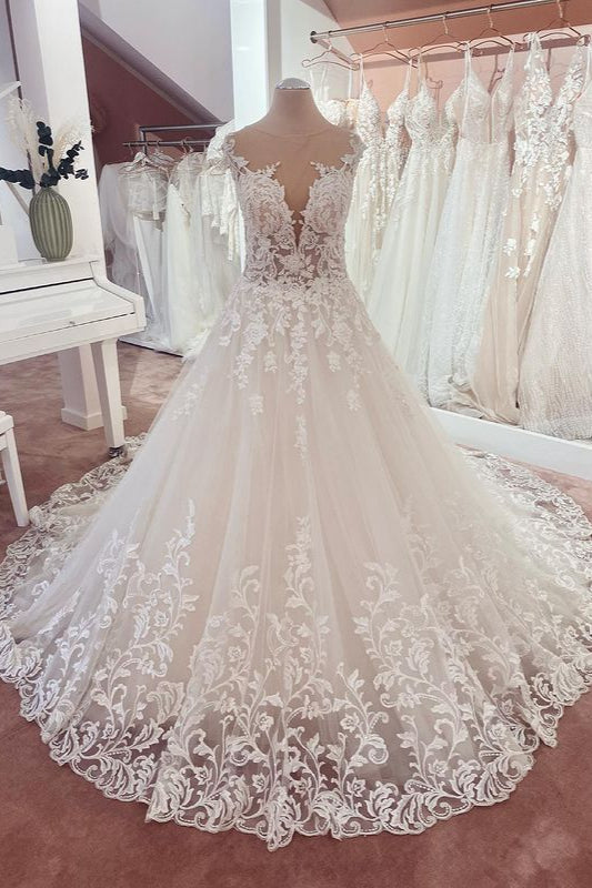 Lace Cap Sleeve Wedding Dress Princess Bridal Gown - Fashionpara