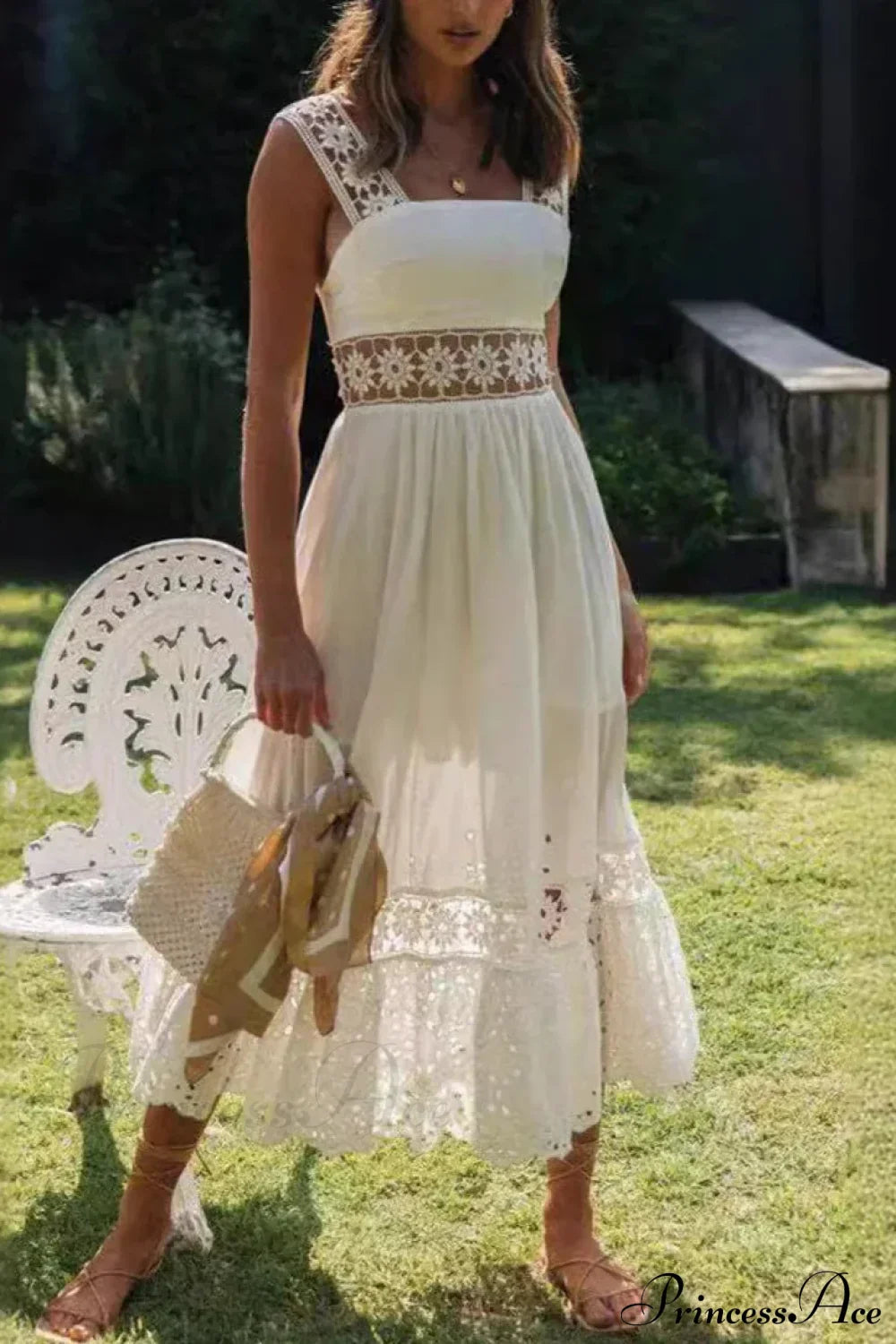 Lace Cotton Sleeveless White Hollow Out Maxi Boho Sundress