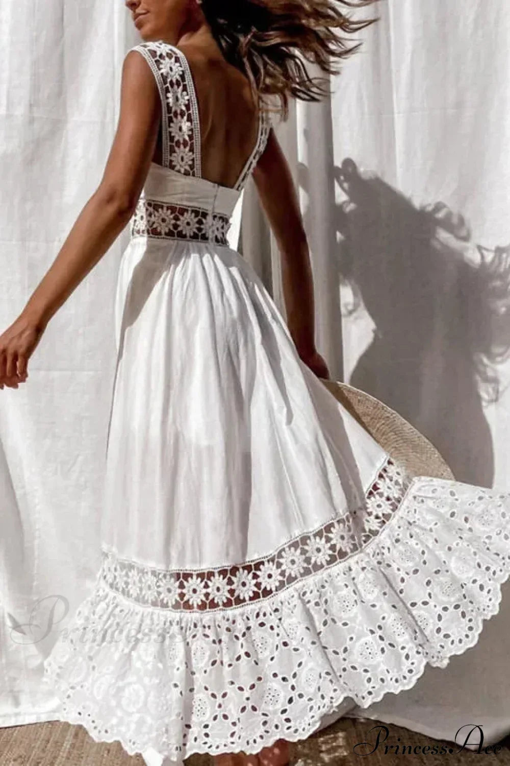 Lace Cotton Sleeveless White Hollow Out Maxi Boho Sundress