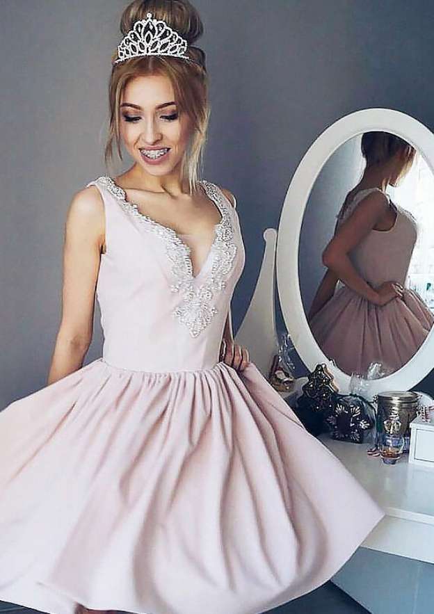 Lace Elegant A-line Satin Homecoming Dress - Fashionpara
