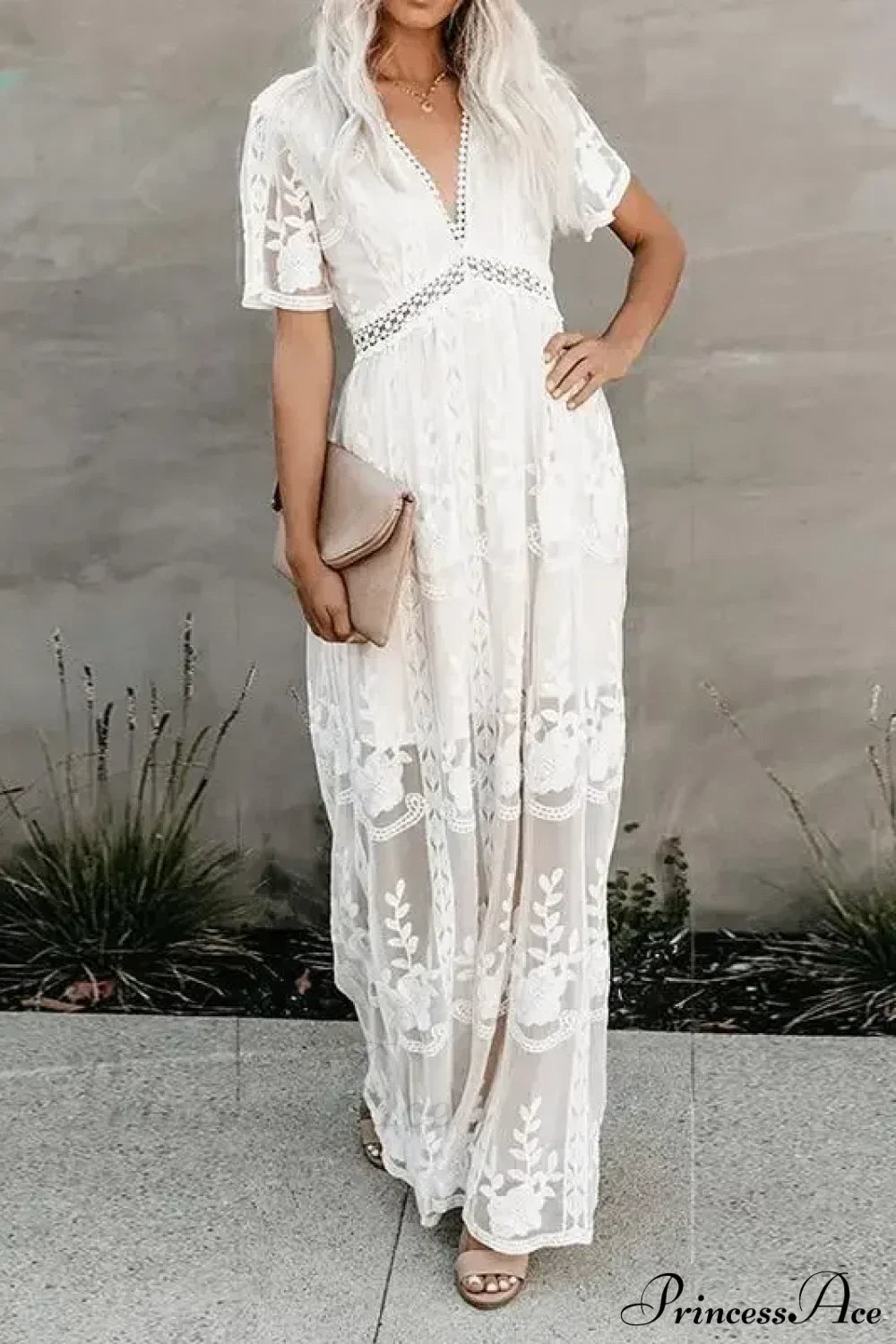Lace Embroidery Patchwork Long Sleeve White Boho Dress
