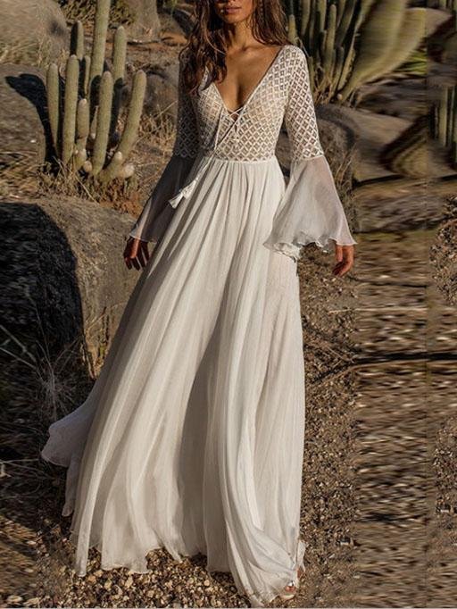 Lace Deep V-Neck Bell Sleeve Chiffon Flowy Maxi Dress