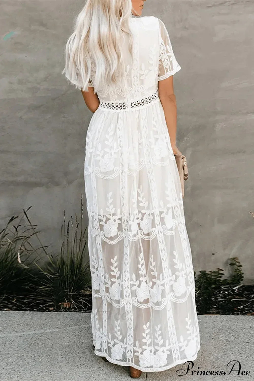 Lace Maxi Dress Vintage White Deep V-neck Summer Dress
