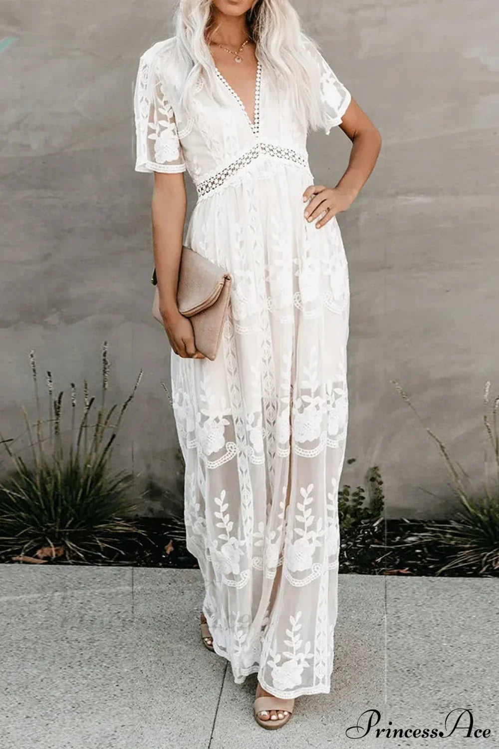 Lace Maxi Dress Vintage White Deep V-neck Summer Dress WHITE / S bohodress-250126