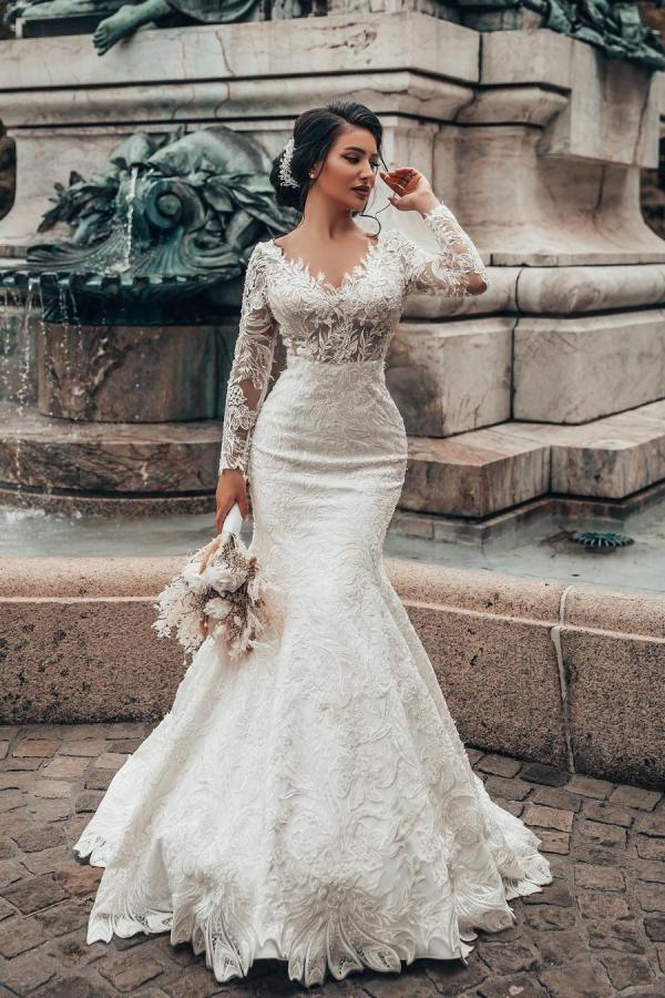 Lace Mermaid Wedding Dress Long Sleeves On Sale - Fashionpara