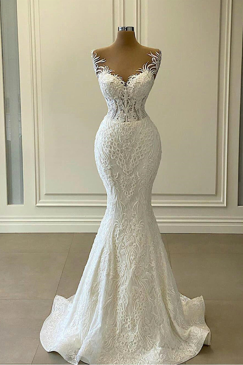 Lace Mermaid Wedding Dress Long With Detachable Skirt - Fashionpara