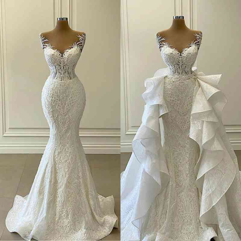 Lace Mermaid Wedding Dress Long With Detachable Skirt - Fashionpara