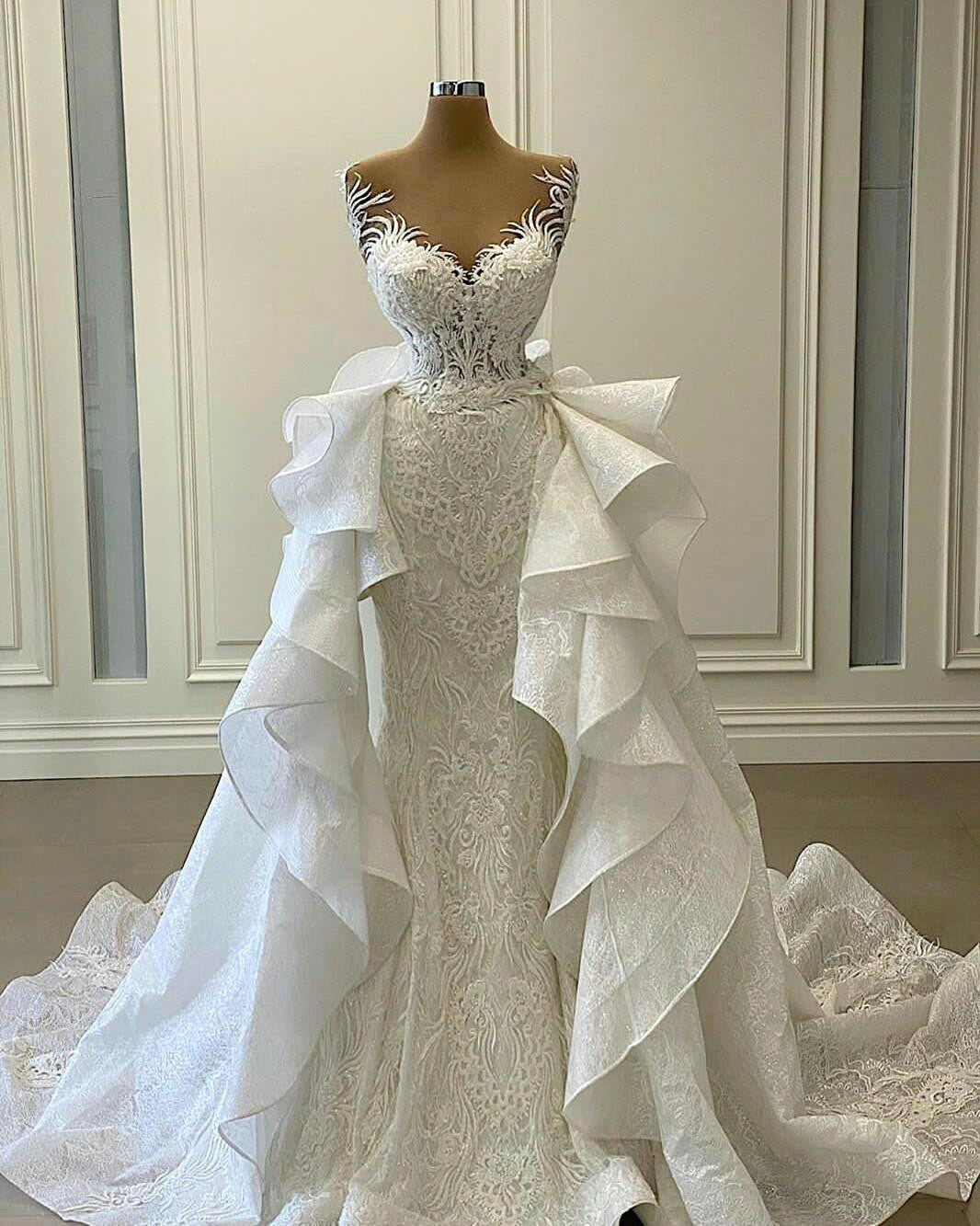 Lace Mermaid Wedding Dress Long With Detachable Skirt - Fashionpara