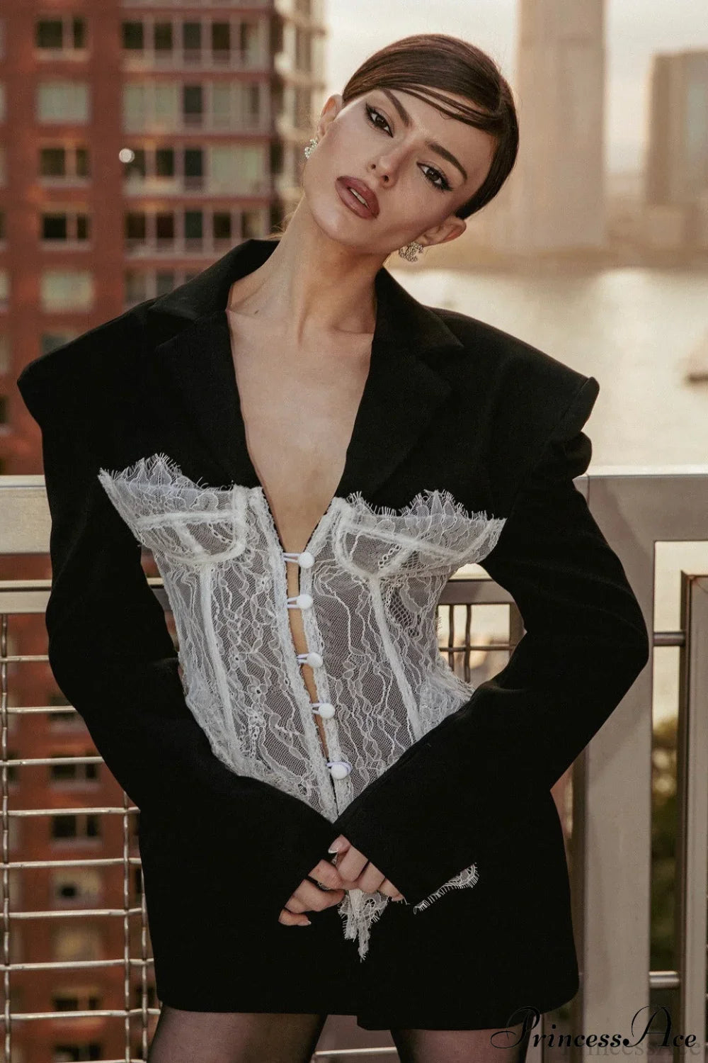 Lace Panel Sexy Fitted Shoulder Blazer