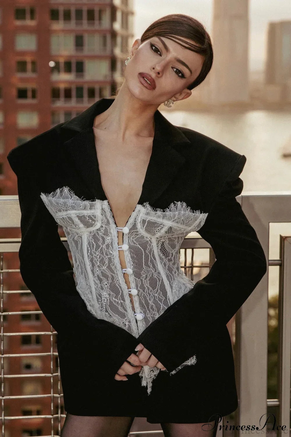 Lace Panel Fitted Shoulder Blazer 2