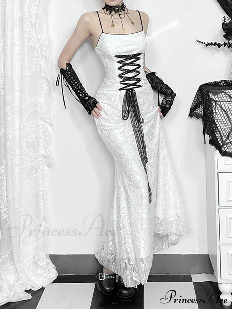 Lace Stitching Sling Retro Backless Lace Up Front Sexy Grunge E Girl Bodycon Slim Dress