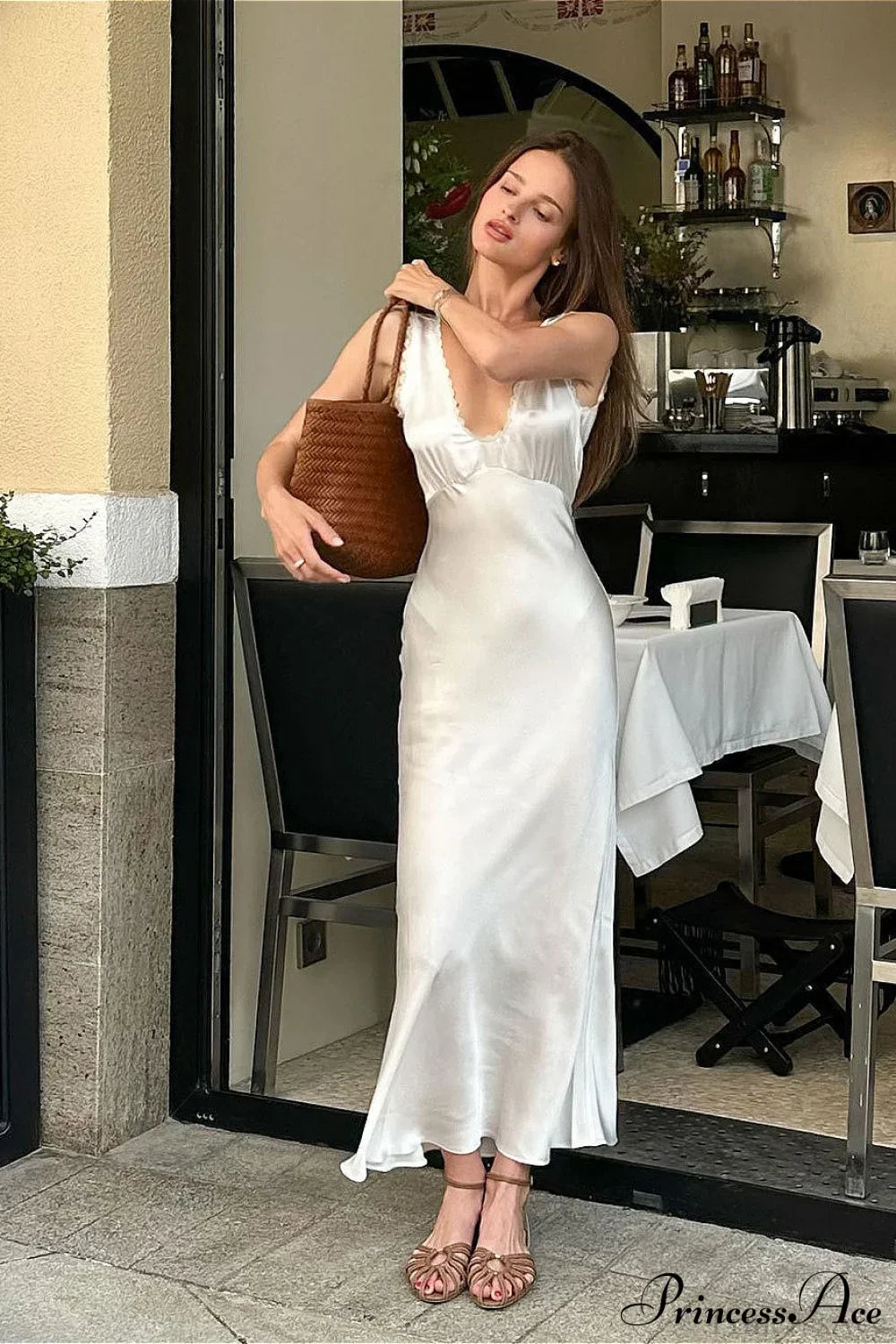 Satin Lace-Trim V-Neck Slip Dress