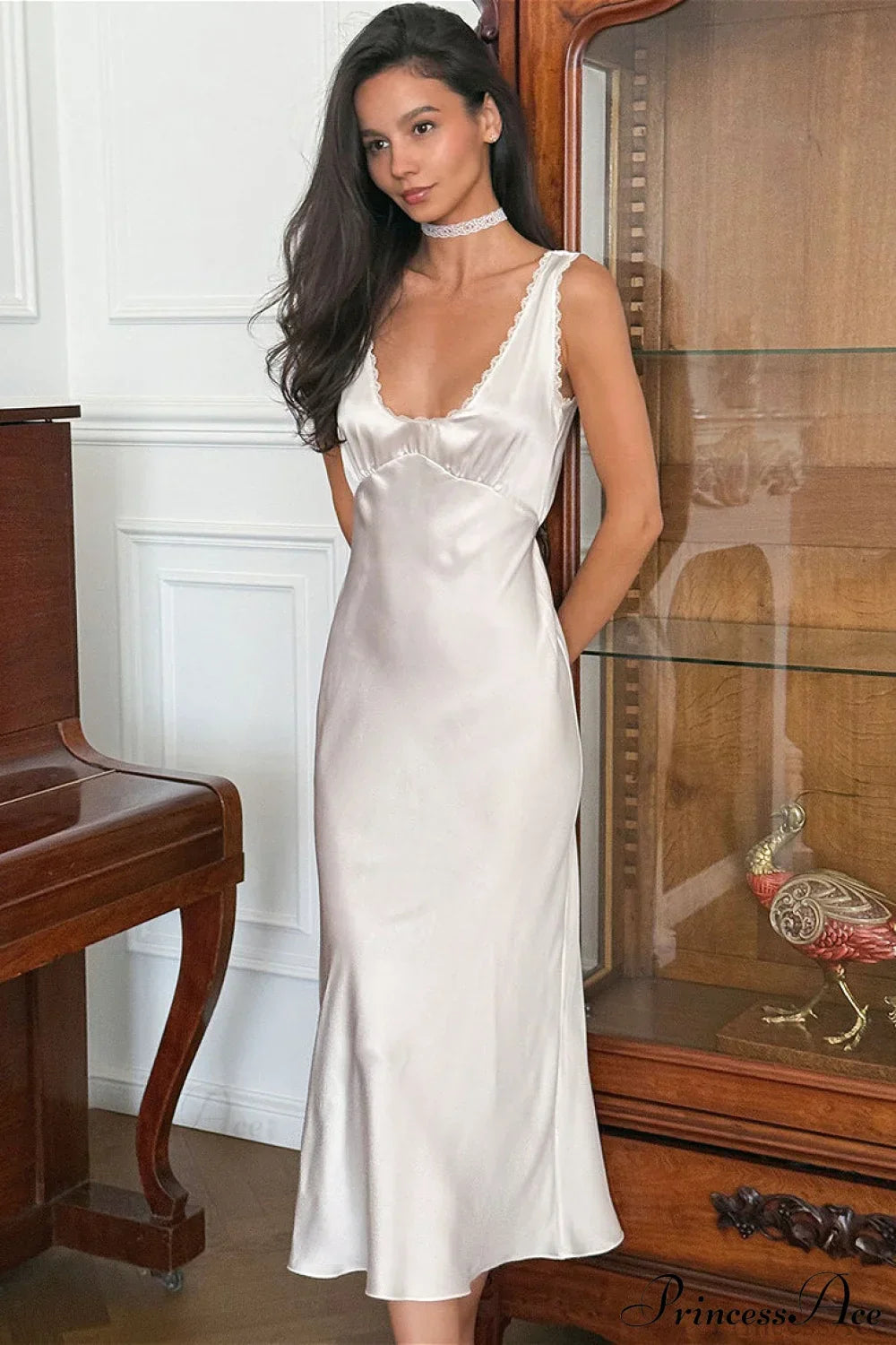 Satin Lace-Trim V-Neck Slip Dress