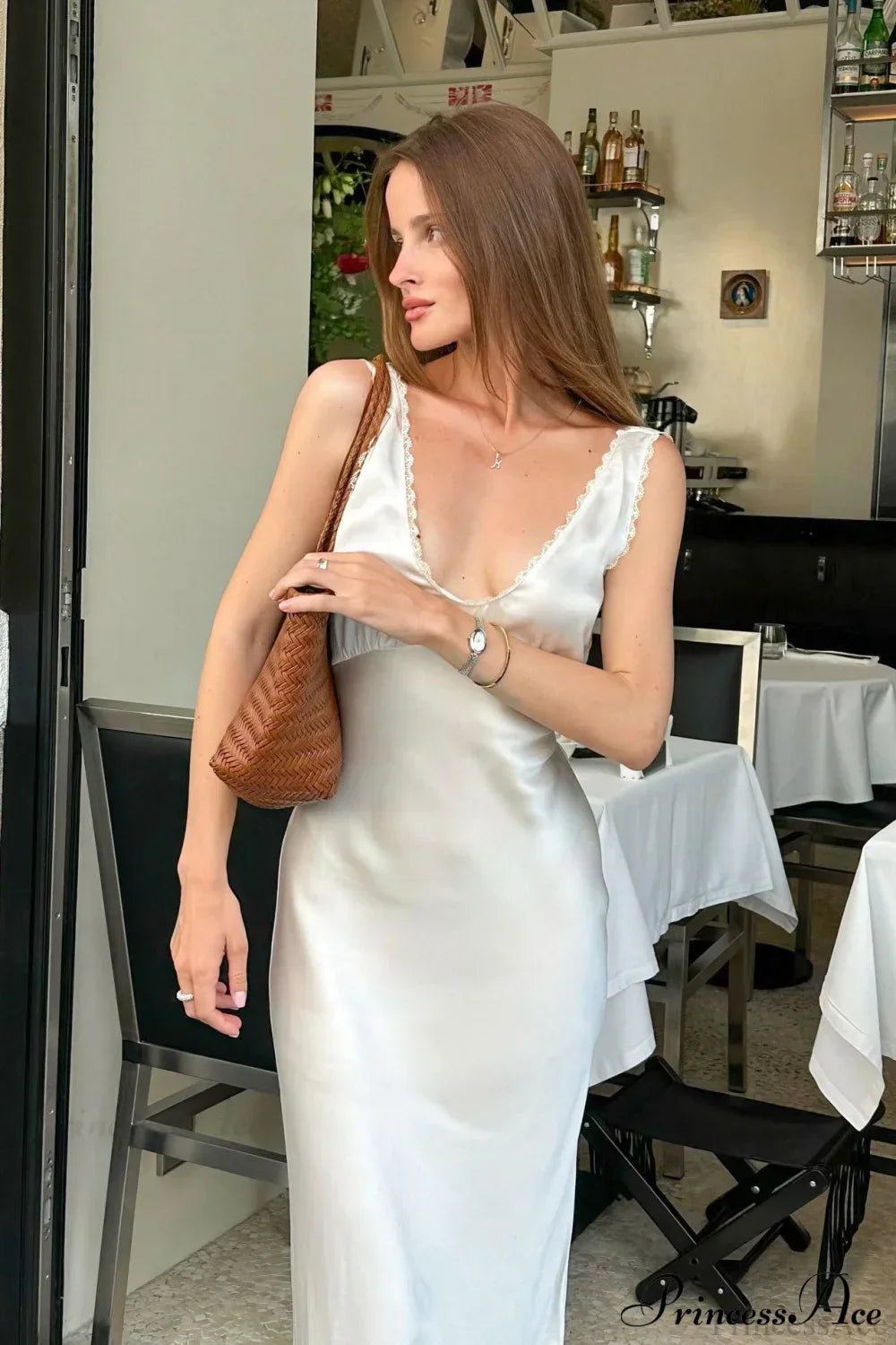 Satin Lace-Trim V-Neck Slip Dress