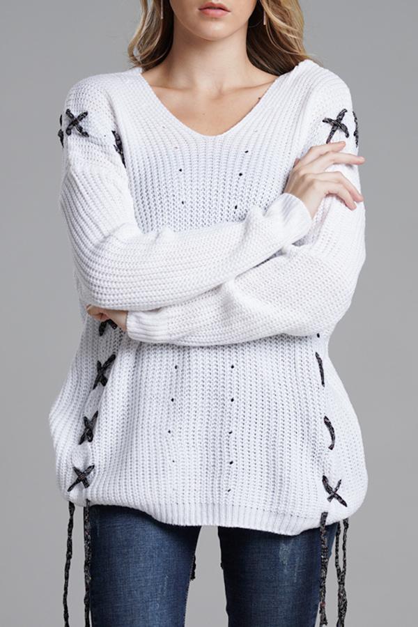 RadyRin Lace-Up Open Knit Sweater for Stylish Comfort
