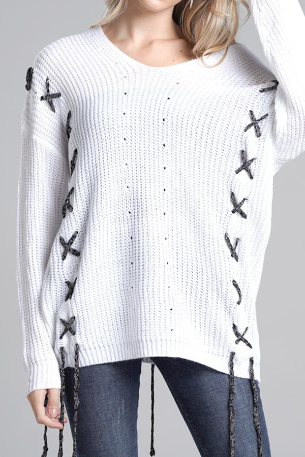 RadyRin Lace-Up Open Knit Sweater for Stylish Comfort