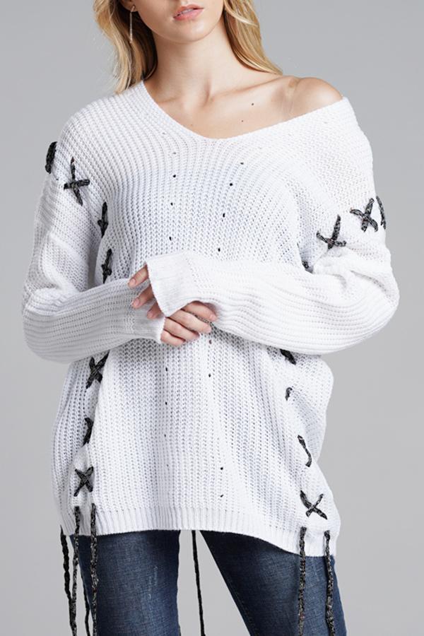 RadyRin Lace-Up Open Knit Sweater for Stylish Comfort