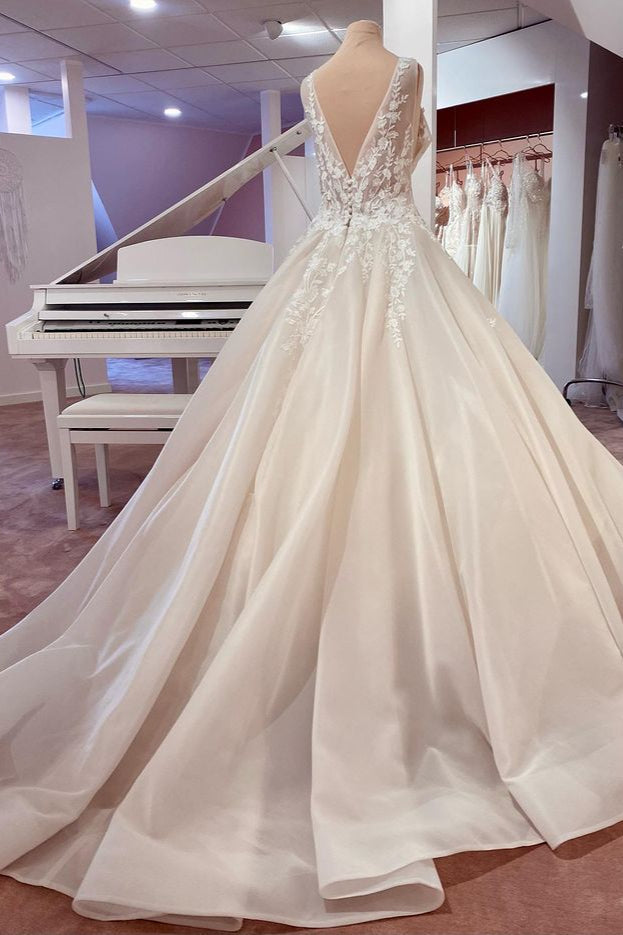Lace Wedding Dress Princess V-Neck Sleeveless With Appliques - Fashionpara