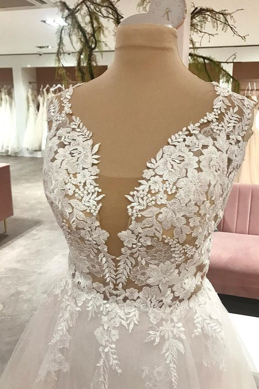 Lace Wedding Dress Tulle Sleeveless Bridal Gowns - Fashionpara