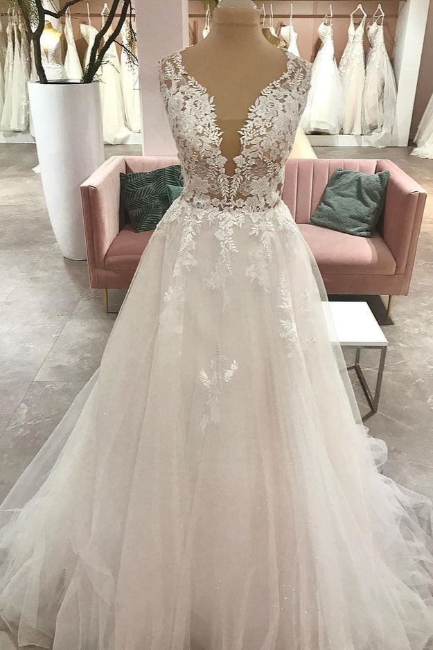 Lace Wedding Dress Tulle Sleeveless Bridal Gowns - Fashionpara