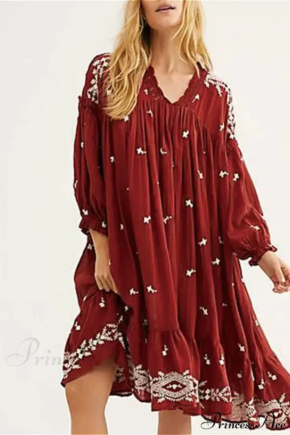 Lantern Long Sleeve Cotton Rayon Embroidery Dress