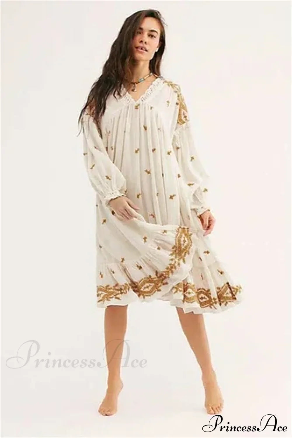 Lantern Long Sleeve Cotton Rayon Embroidery Dress Creamy-white / S bohodress-250126