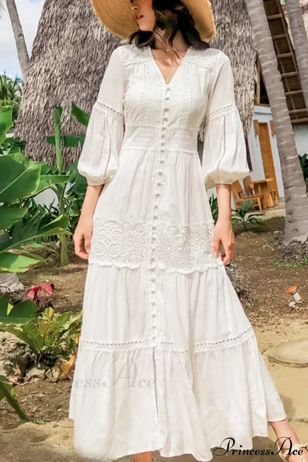 Lantern Sleeve Cotton Rayon Lace Splice Long Dress Vintage White V-neck WHITE / S bohodress-250126