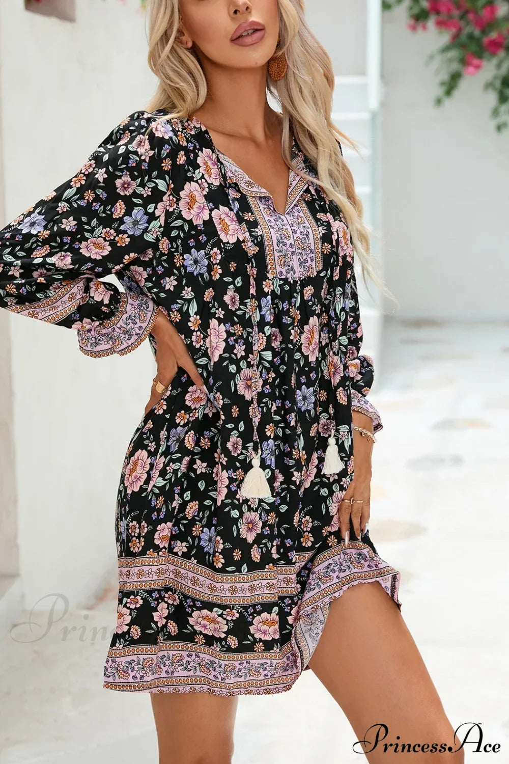 Lantern Sleeve Floral Boho Dress Floral / S bohodress-250126