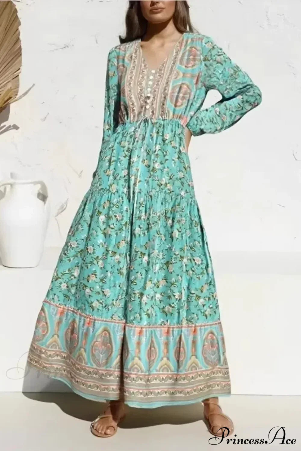 Lantern Sleeve Loose V-neck Green Floral Print Summer Maxi Boho Dress GREEN / S bohodress-250126