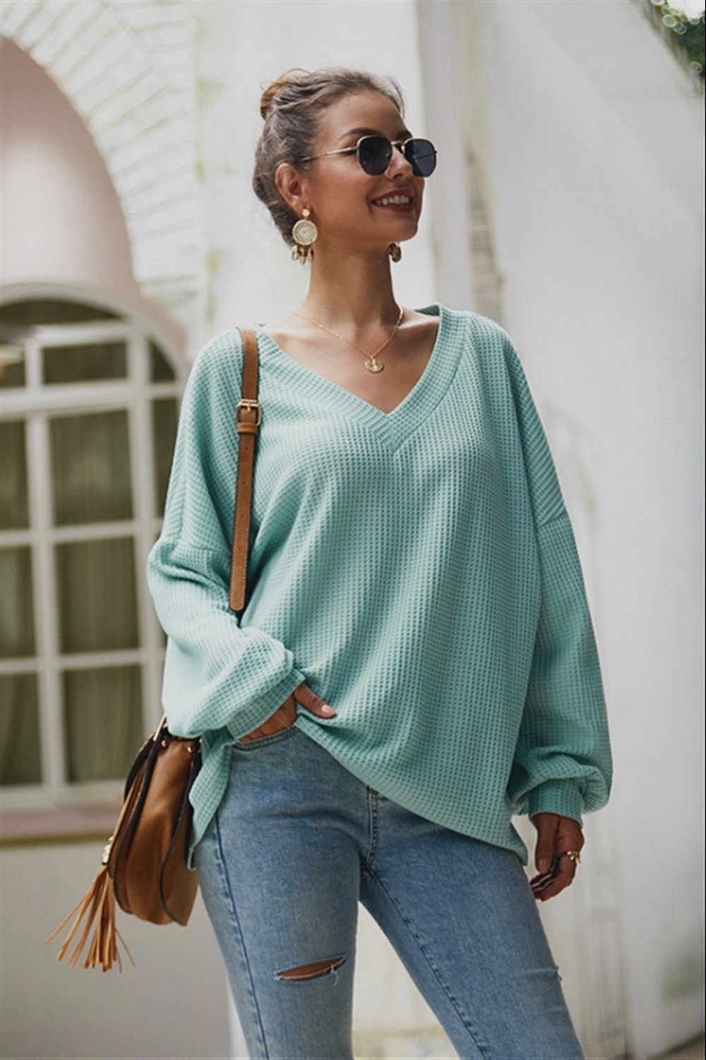 RadyRin Lantern Sleeve V Neck Sweater for Effortless Style