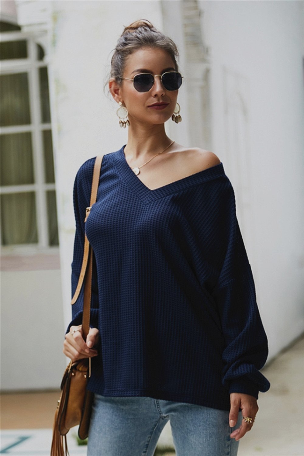 RadyRin Lantern Sleeve V Neck Sweater for Effortless Style
