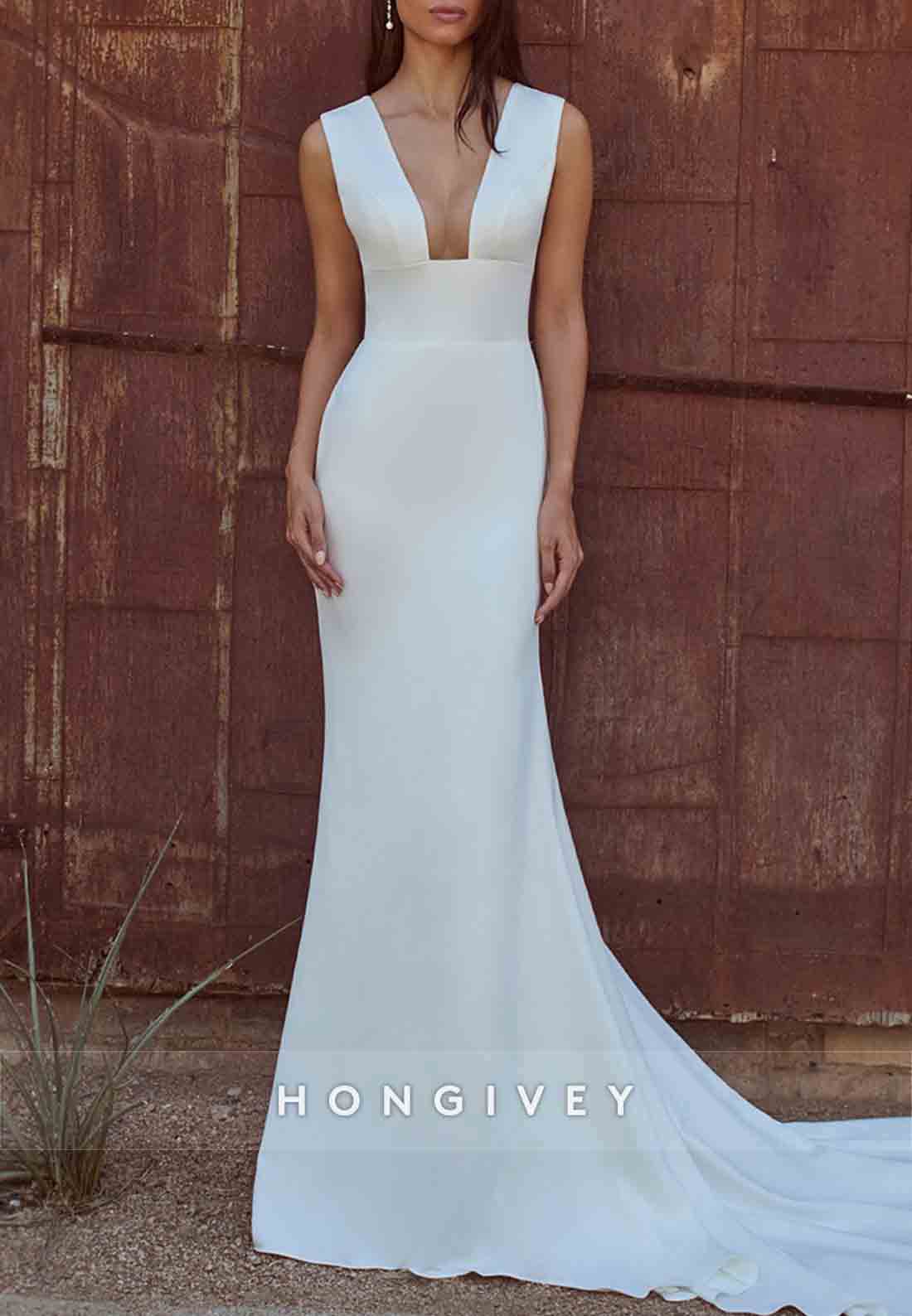 V Back Square Cap Straps Pleated Mermaid Wedding Dresses