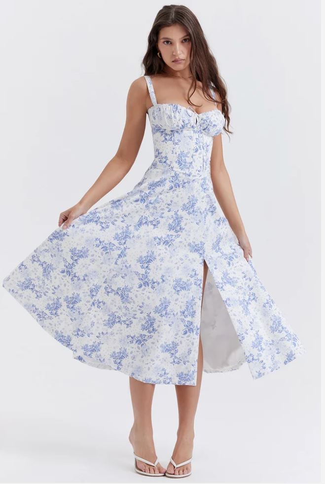 Floral Sweetheart Corset Tie Front High Split Maxi Dress 5